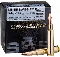 50 Schuss S&B Sellier&Bellot SuB 7,5x55 SWISS 7.5 x 55 FMJ Vollmantel 174grs 11,3g Messinghülse Boxe