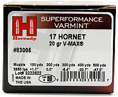25 Schuss / Patronen HORNADY .17 HORNET 17 HOR 20gr 1,3g SF V-MAX Varmint Teilmantel JAGD Raubwild