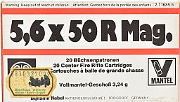 20 RWS Patronen im Kaliber 5,6x50 R Mag. -3,24g. Vollmantel