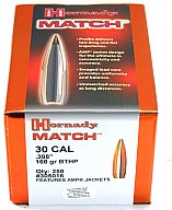 250St. HORNADY MATCH Geschosse CAL 30 .308 168gr BTHP Hohlsptiz Boat Tail Long range Präzis. #305016
