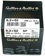 50 Schuss S&B Sellier&Bellot SuB 9,3x62 9.3 x 62 SP Teilmantel 285grs 18,5g Messing Boxer #2952 Jagd