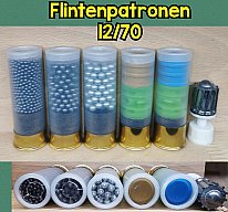 12/70 Flintenpatronen (5 Stck.), Schrot, Slug, Flintenlaufgeschoss, Deko-Patronen