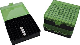 100er Patronenbox Munitionsbox MTM P-100-3-16T Grün/Schwarz mit Scharnier Kurzwaffe .38 Spec 357 Mag