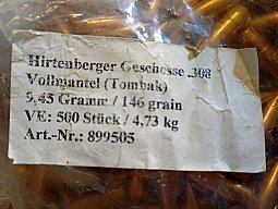 Hirtenberger Geschosse .308 win Vollmantel BT 146 grain 16,5 Kg 1700Stück