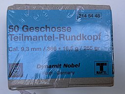 50 Stck. Dynamit Nobel Teilmantelrundkopfgeschosse, 9,3 Cal., TMRK, .366 Dia, 16,5g / 255gr Gewicht