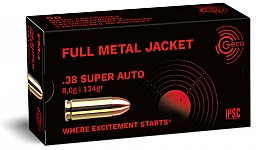 50 Schuss GECO .38 SUPER AUTO - FMJ Flat RN Vollmantel Rundkopf Pistolen Munition 124gr 8g 430m/s