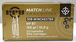 20 Schuss / 20 Patronen PPU .308 Win. MATCH A-496 168gr 10,9g HP BT Hohlspitz Munition Prvi Partizan