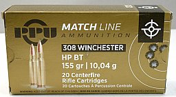 20 Schuss / 20 Patronen PPU .308 Win. MATCH A-625 155gr 10,0g HP BT Hohlspitz Munition Prvi Partizan
