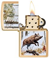 Original ZIPPO Benzinfeuerzeug "ZIPPO" made in USA Benzin Sturmfeuerzeug MOTIV JAGD KEILER ! Messing