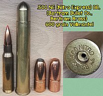 .500 NE (Nitro Express), BB (Bertram Bullet Co.), VM, Messing Solid, Deko-Patrone