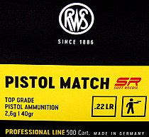 50 Stück / Schuss RWS .22 l.r. lfb KK Munition PISTOL MATCH SR 40grs 2,6g LRN Blei Rundkopf 260 m/s