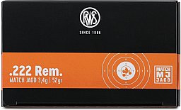30 Schuss RWS .222 Rem. MJ MATCH JAGD 52gr 3,4g > Präzsions Munition Hohlspitzgeschoss Jagd DJV 100m