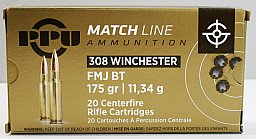20 Schuss / 20 Patronen PPU .308 Win. MATCH A-500 175gr 11,34g FMJ BT Vollmantel Munition Partizan