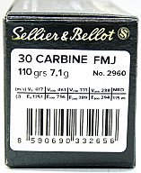 50 Schuss / 50 Patronen S&B .30 CARBINE 110gr 7,1g Vollmantel FMJ Munition No. 2960 / V332652 Blei !