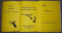3 Hefte technische Zeichnungen, Beschreibung, Dienstanweisung Parabellum Pistole 08 Kaliber: 9mm