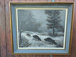 Ölgemälde Rotte Sauen im Schnee - Karl Haus (1927 - 2001) Holz / Saarland