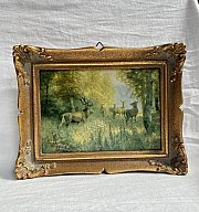 Kleines altes Jagdbild HIRSCH MIT HIRSCHKÜHEN 18,5 x 14,5 cm