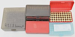 6 MTM Patronenboxen + 50 Hülsen Kaliber .44 Rem.Mag.