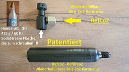 88 g Co2 Kartusche - Wiederbefüllbar ! patentiert ! RefCo2 ! + Adapter für schraubbare SodaStream
