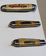 Drei Vintage Jugendtaschenmesser Klappmesser mit Auto-Motive 60er-70er Jahre