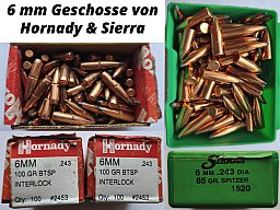 279 Stück Geschosse 6 mm Hornady & Sierra .243" 100gr und 85gr. Bitte Bild ansehen.