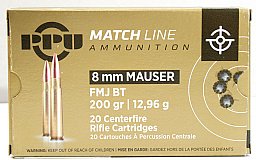 20 Schuss / 20 Patronen PPU 8MM MAUSER MATCH A-542 200gr 12,96g FMJ BT Vollmantel Munition Partizan