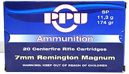 20 Schuss / 20 Patronen PPU 7MM Rem. Mag. A-115 174gr 11,3g SP Teilmantel Munition Partizan 7MM RMag