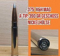 .375 H&H Magnum, 390 gr A-Tip Geschoss, Nickelhülse, Deko-Patrone