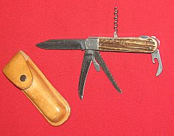 Älteres Taschenmesser mit Horn, MIKOV STAINLESS CZECHO / SLOVAKAI in Lederscheide