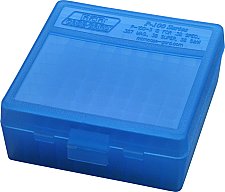 100er Patronenbox Munitionsbox MTM P-100-3-24 Blau-Klar mit Scharnier Kurzwaffe .38 Spec 357 Mag. ..
