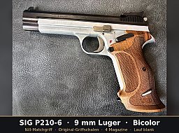 SIG P210-6 Bicolor 9mm Luger – Lauf blank, Nill-Matchgriff, Orig.-Griffschalen, 4 Magazine
