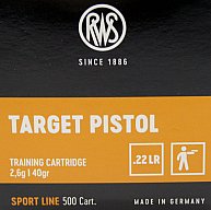 50 Stück / Schuss RWS .22 l.r. lfb KK Munition TARGET PISTOL 40grs 2,6g LRN Blei Rundkopf 285m/s