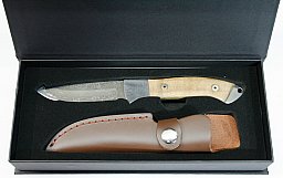 PARFORCE DAMAST WURZELHOLZ Feststehendes Messer 9cm DamastKlinge inkl. Lederscheide ETUI Geschenkbox