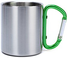 Doppelwandiger Edelstahlbecher / Tasse mit grünem Karabinergriff