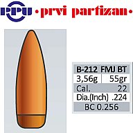 100 Stück PPU | PrviPartizan Geschosse #B-212 | .224(22) 55gr/3,56g FMJ BT Vollmantel BoatTails
