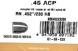 250St. H&N Geschosse .452(.45ACP) RN HS 230grs/14,9g|Haendler&Nattermann BLEIGESCHOSSE Rundkopf 45er