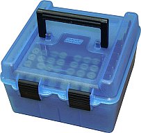 MTM R-100 DELUXE Patronenbox, Munitionsbox Scharnier - .22 bis 9,3 .410 auch RANDPatronen 100er BLAU