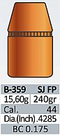 50 Stück PPU | PrviPartizan .44er Geschosse #B-359 | .429 240grs / 15,6g SJFP Teilmantel-Flachkopf