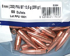50 Stück PPU | PrviPartizan Geschosse #B-384 | Cal8MM/.330 - 208grs/13,5g FMJ BT Vollmantel BoatTail