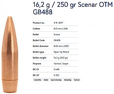 100 Stück LAPUA SCENAR Match Geschosse .338 Lapua 8,6mm 250grs / 16,2g #GB488 OTM 4 PL 8017 Open Tip