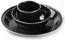 Kleines Emaille Camping-Geschirr-Set 3tlg in Schwarz - Tasse + Teller + Schüssel