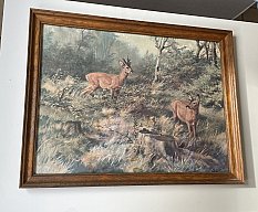 Jagdbild REHBOCK UND RICKE IM UNTERHOLZ antiker Farbdruck gerahmt
